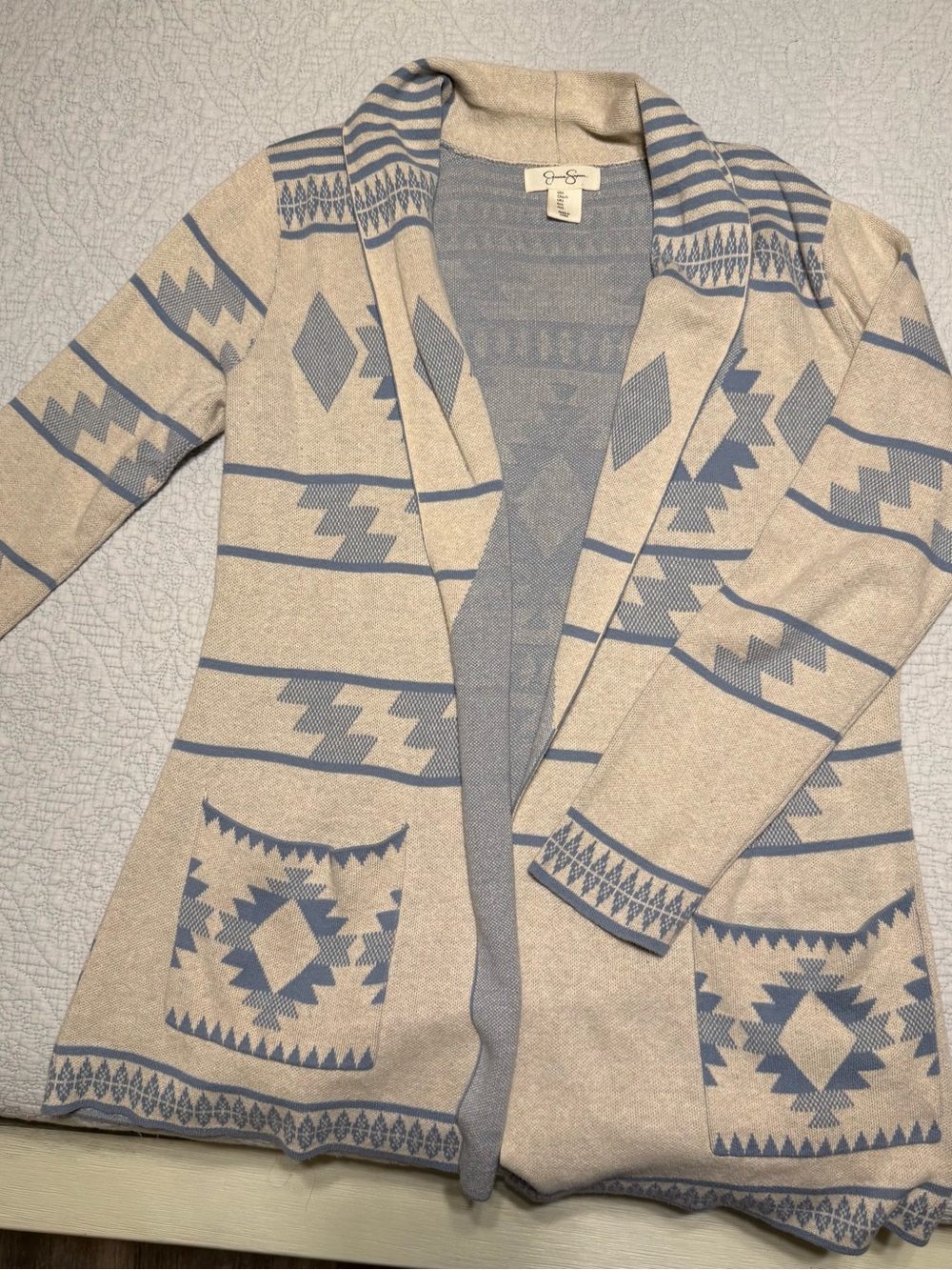 Jessica Simpson Blue & Cream Geometric Open-Front Cardigan